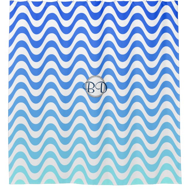Monogram Blue Wave Pattern Shower Curtain (Front)