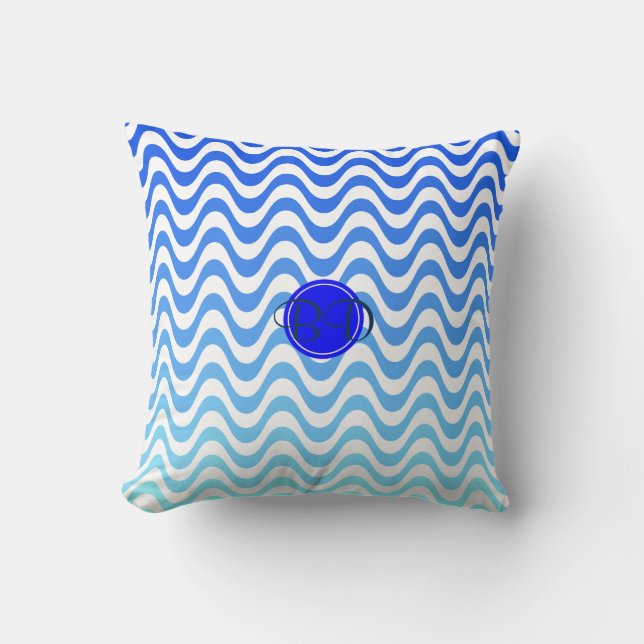 Monogram Blue Wave Pattern Throw Pillow (Front)