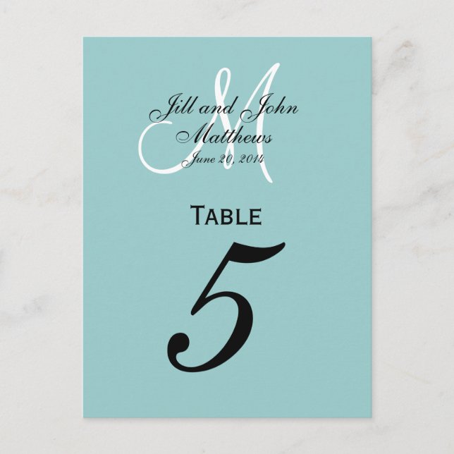 Monogram Blue Wedding Table Number Cards (Front)