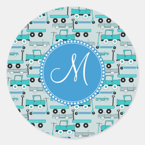 Monogram Blue Wheels Scooters Cars Wagons Trucks Classic Round Sticker