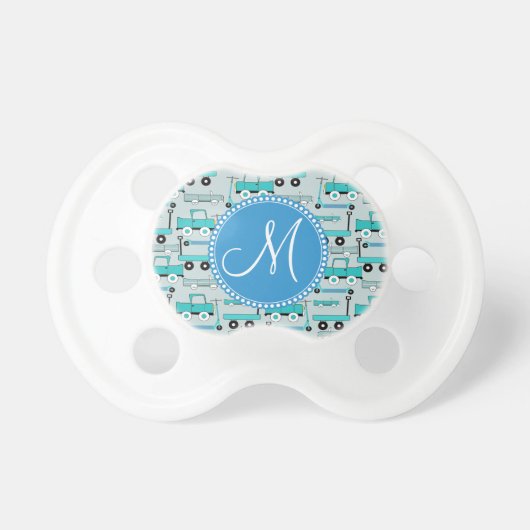 Monogram Blue Wheels Scooters Cars Wagons Trucks Pacifier (Front)