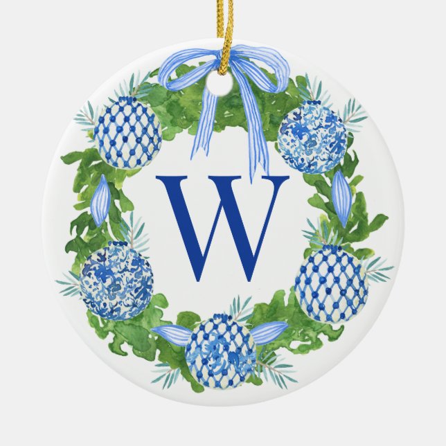Monogram Blue & White Chinoiserie Wreath Ceramic Ornament (Front)