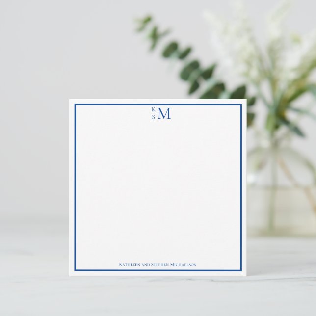 Monogram Blue White Couple Wedding Elegant Note Card (Standing Front)