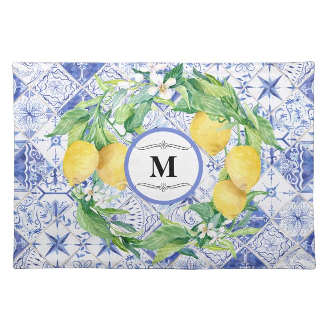 Monogram blue white Farmhouse Lemon Foliage Floral Cloth Placemat (Front)