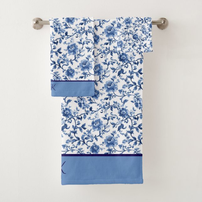 Monogram Blue White Floral Toile Chinoiserie Bath Towel Set (Insitu)