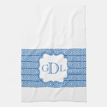 Monogram Blue & White Greek Key Kitchen Towel by Home_Suite_Home at Zazzle