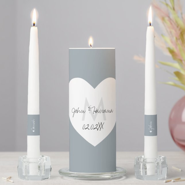 Monogram Blue White Heart Script  Unity Candle Set (In Situ)