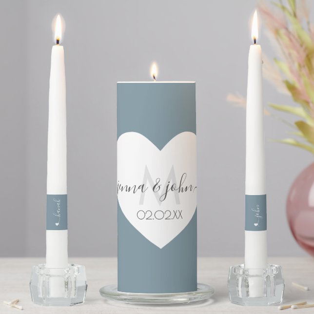 Monogram Blue White Heart Script  Unity Candle Set (In Situ)
