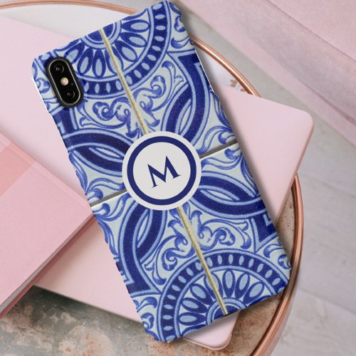 Monogram Blue  White Mediterranean Tile Pattern iPhone XS Max Case