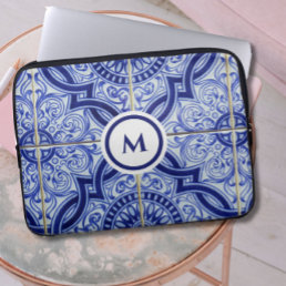 Monogram Blue + White Mediterranean Tile Pattern Laptop Sleeve