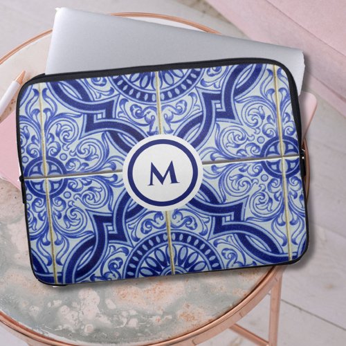 Monogram Blue  White Mediterranean Tile Pattern Laptop Sleeve