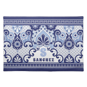 Monogram Blue & White Mexican Talavera Tile Cloth Placemat