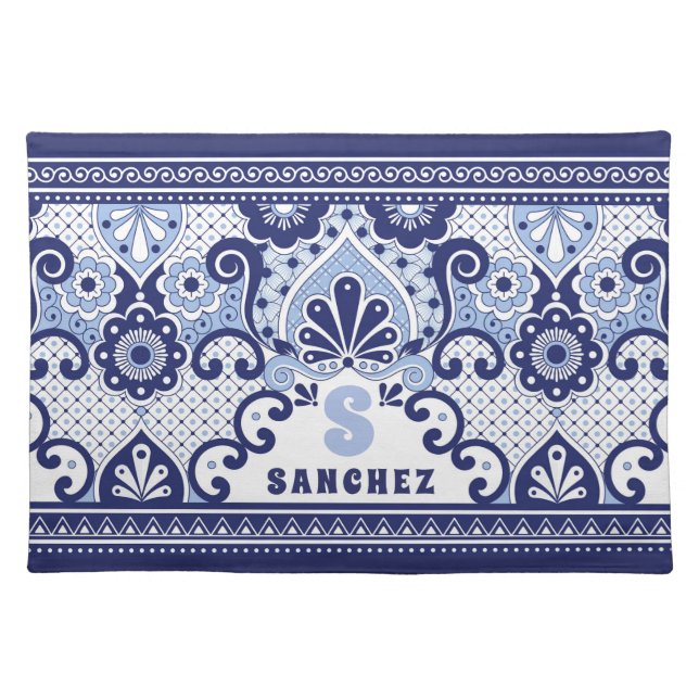 Monogram Blue & White Mexican Talavera Tile Cloth Placemat (Front)