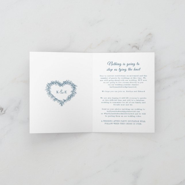 Monogram blue white mistletoe wedding live stream announcement (Inside)