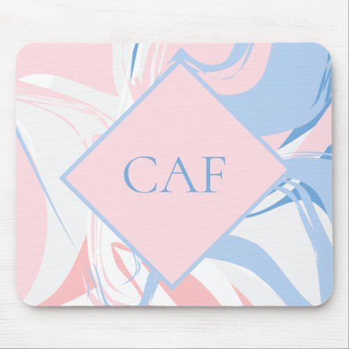 Monogram Blue White Pink Marble Swirl  Mouse Pad