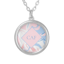 Monogram Blue White Pink Marble Swirl Silver Plated Necklace
