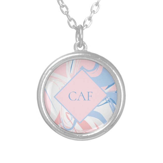Monogram Blue White Pink Marble Swirl Silver Plated Necklace (Front)