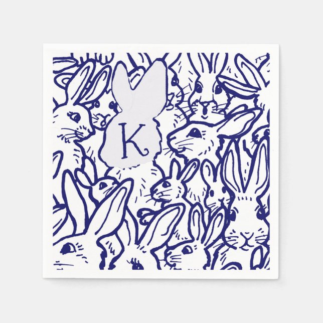 Monogram Blue White Rabbit Bunny Cute Unique Napkins (Front)