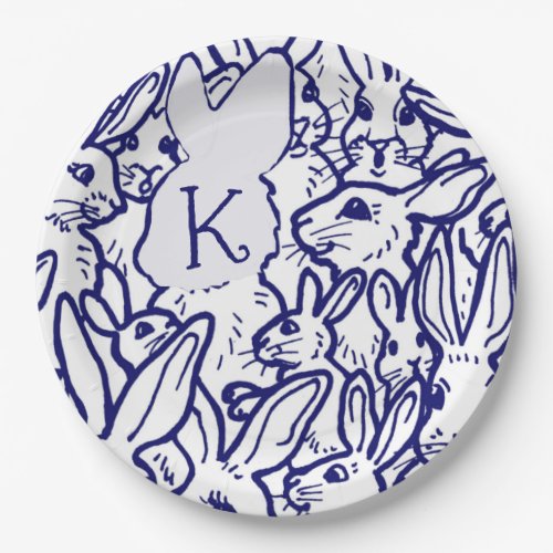 Monogram Blue White Rabbit Bunny Cute Unique Paper Plates