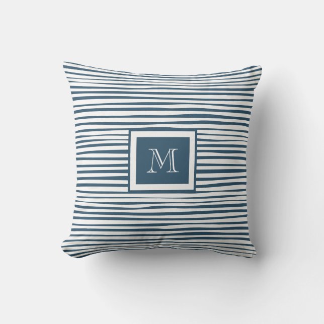 Monogram Blue White Stripe Throw Pillow (Front)