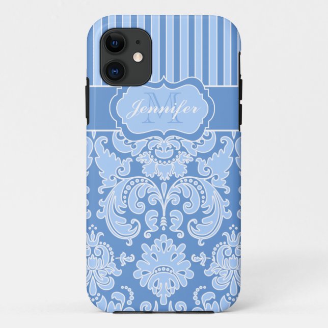 Monogram Blue, White Striped Damask iPhone 5 Case-Mate iPhone Case (Back)