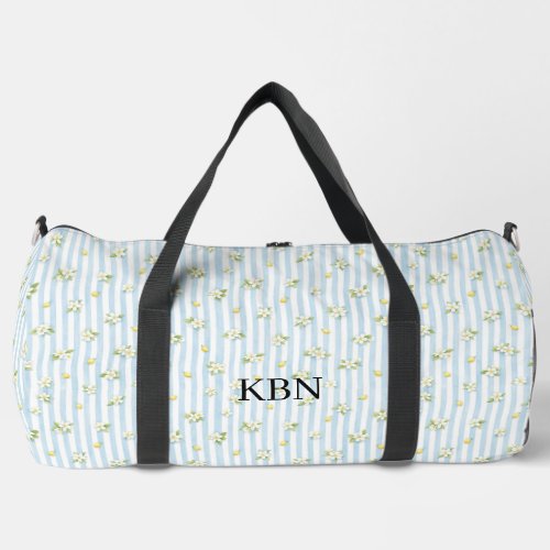 Monogram Blue White Stripes Lemons Mediterranean Duffle Bag