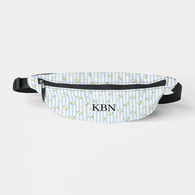 Monogram Blue White Stripes Lemons Mediterranean Fanny Pack (Front)