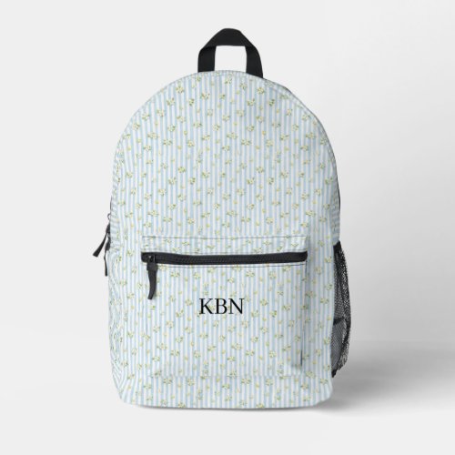 Monogram Blue White Stripes Lemons Mediterranean Printed Backpack