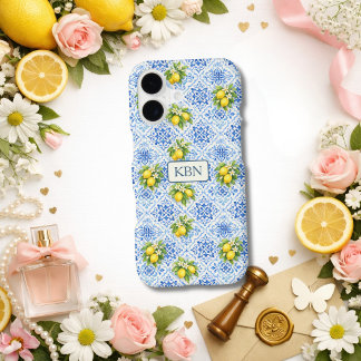 Monogram Blue White Tile Mediterranean Lemons iPhone 17 Case