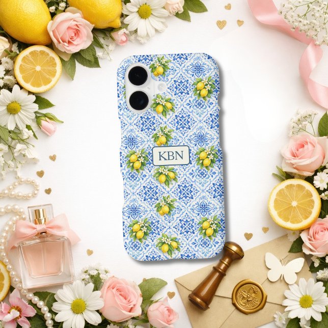Monogram Blue White Tile Mediterranean Lemons iPhone Case (Blue White Mediterranean Tile With Lemons, Monogrammed Initials iPhone case)