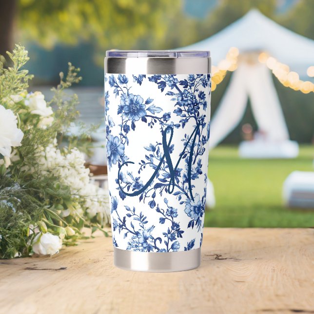 Monogram Blue White Toile Floral Gift Her Insulated Tumbler (Wedding (Rotated))