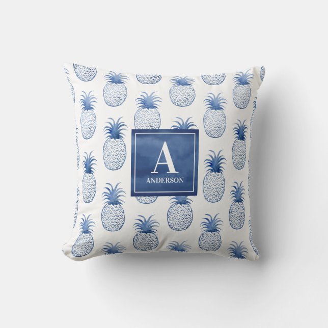 Monogram Blue White Tropical Pineapple Outdoor Throw Pillow (Front)