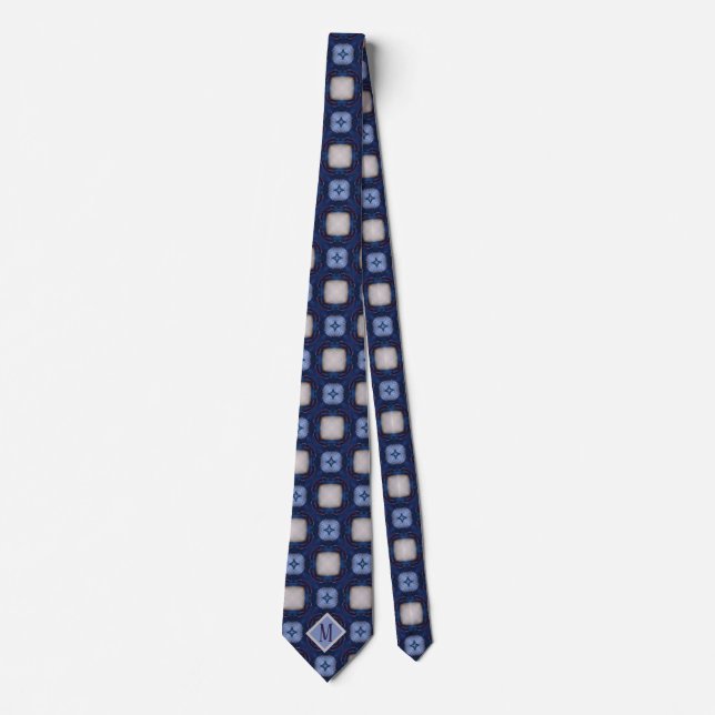 Monogram Blue & White Unique Pattern Design Men's Neck Tie (Front)