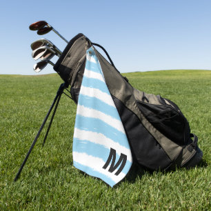 Monogram Blue White Watercolor Stripes Golf Towel