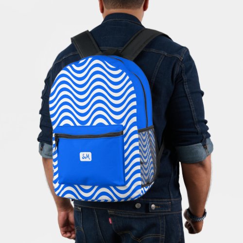 Monogram Blue White Wavy Stripes Psychedelic Printed Backpack