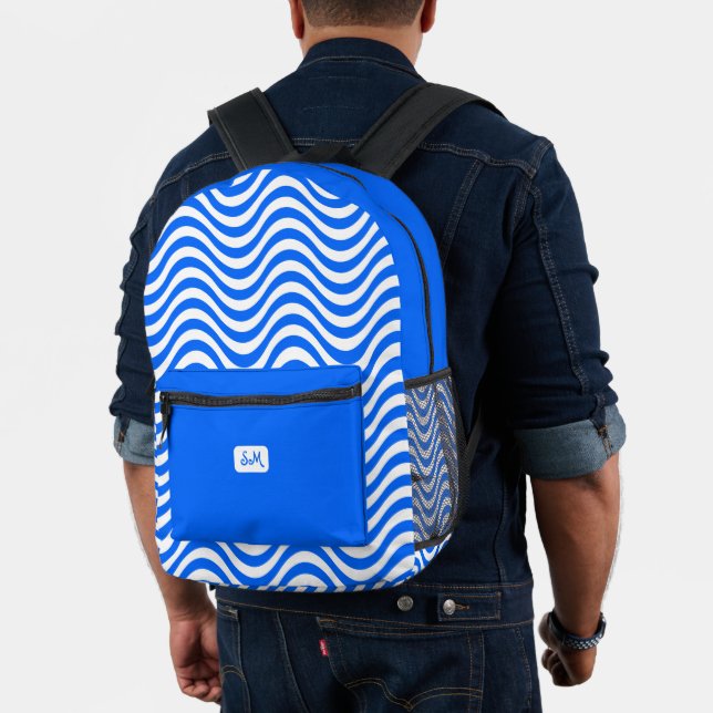 Monogram Blue White Wavy Stripes Psychedelic Printed Backpack (Insitu (Model))