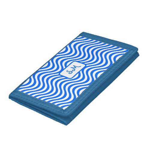 Monogram Blue  White Wavy Stripes Psychedelic Trifold Wallet