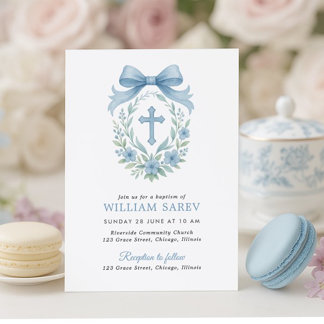 Monogram Blue Wreath Baptism Invitation for Boys (Elegant baptism invitation with blue bow and floral cross, styled with macarons and roses)