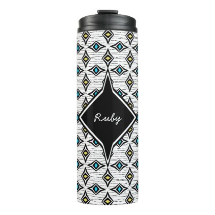 Monogram blue yellow aztec boho diamond design thermal tumbler