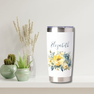 Monogram Blue Yellow Floral Bridesmaid Gift  Insulated Tumbler