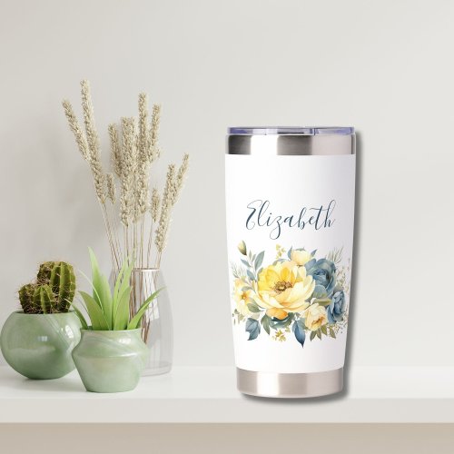 Monogram Blue Yellow Floral Bridesmaid Gift  Insulated Tumbler