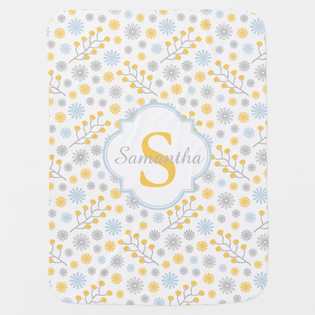 Monogram Blue Yellow & Gray Modern Baby Blanket (Front)