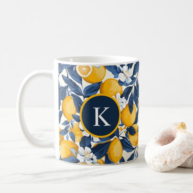 Monogram Blue Yellow Lemon Citrus Coffee Mug (With Donut)