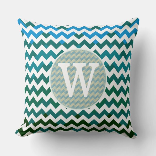 Monogram bluish chevron stripes throw pillow (Front)
