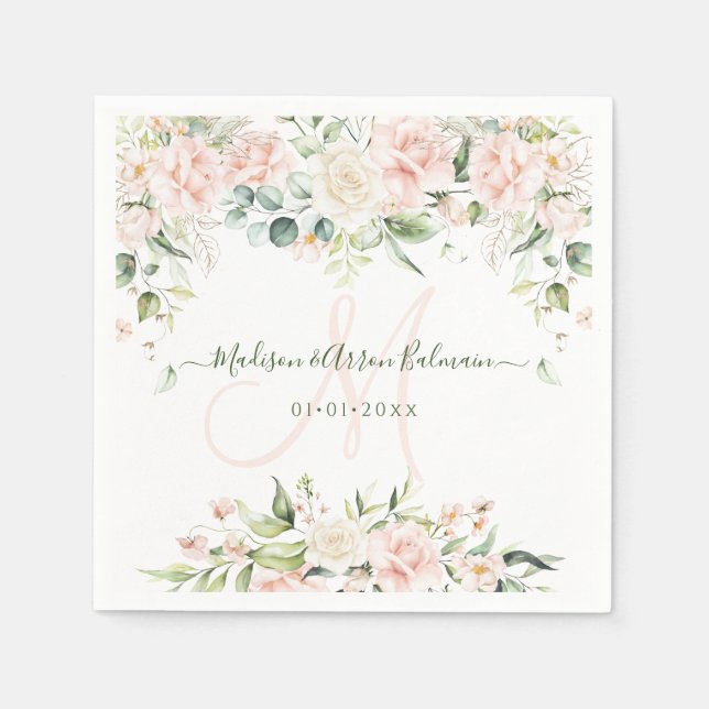 Monogram Blush Cream Roses Eucalyptus Any Event Napkins (Front)