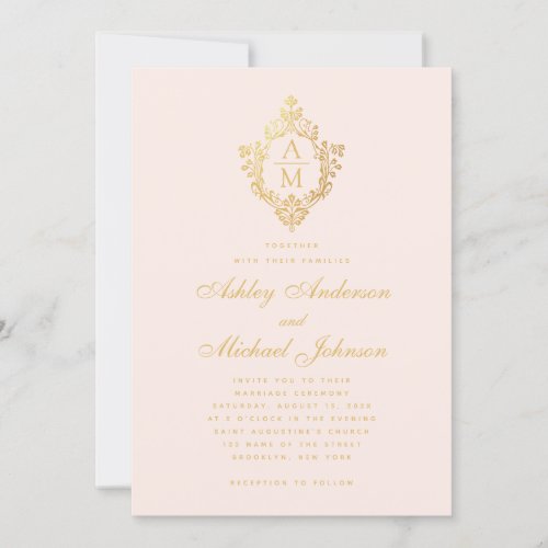 Monogram Blush Faux Gold Floral Crest Pink Wedding Invitation