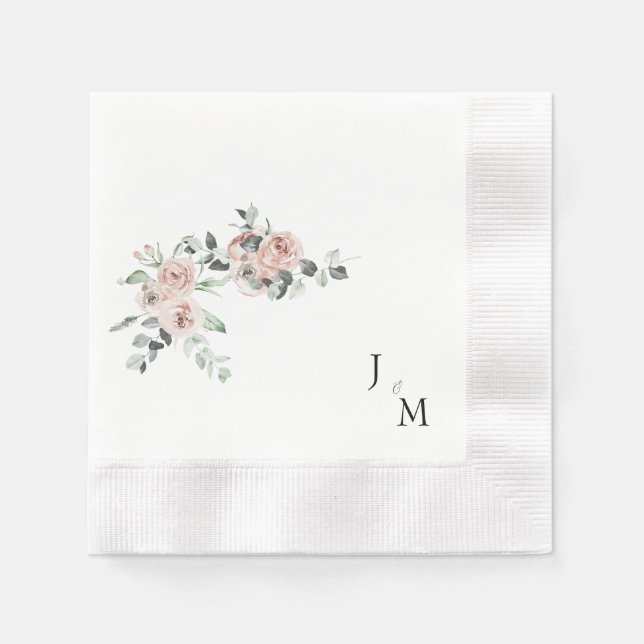 Monogram Blush Floral Wedding Coined Napkins (Front)