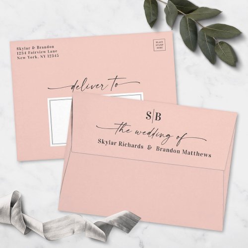Monogram Blush Pink A7 5x7 Wedding Invitation Envelope
