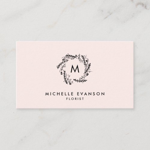 Monogram Blush Pink and Black Floral Wreath Business Card