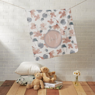 Monogram Blush Pink and Gray Watercolor Floral  Baby Blanket